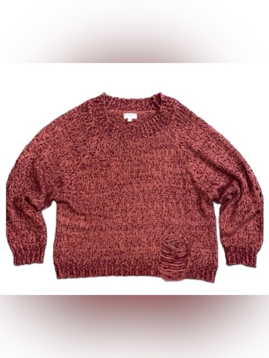 Umgee Sweaters - Umgee Distressed Chunky Knit Oversized Sweater - Burgundy (Medium)